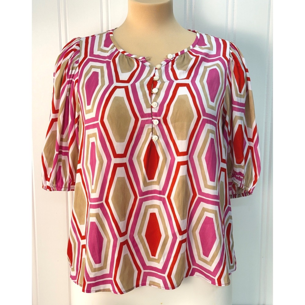 Ann Taylor Blouse Womens LP Pink Geometric Honeycomb 3/4 Sleeve Henley Top Retro